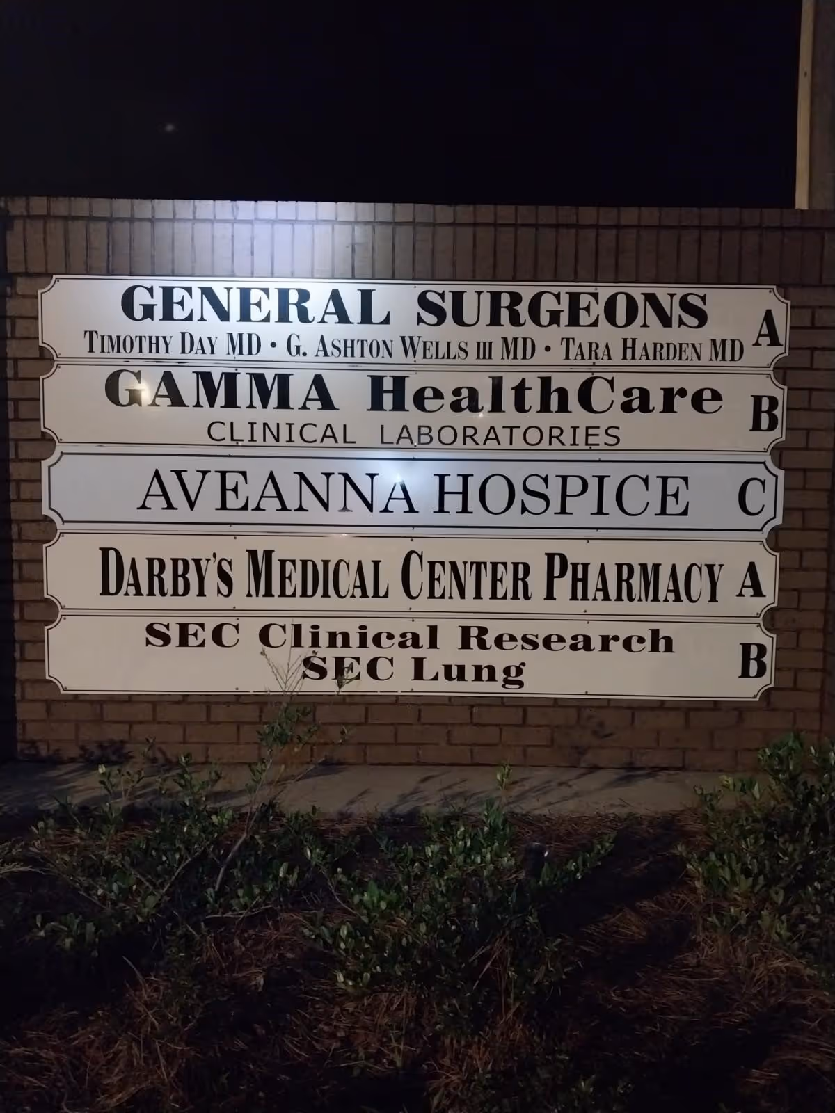 Nighttime exterior signboard on a brick wall lists several healthcare facilities, including Aveanna Hospice.