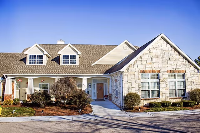 Brookdale Clarksville senior living facility exterior with stone facade and entry walkway