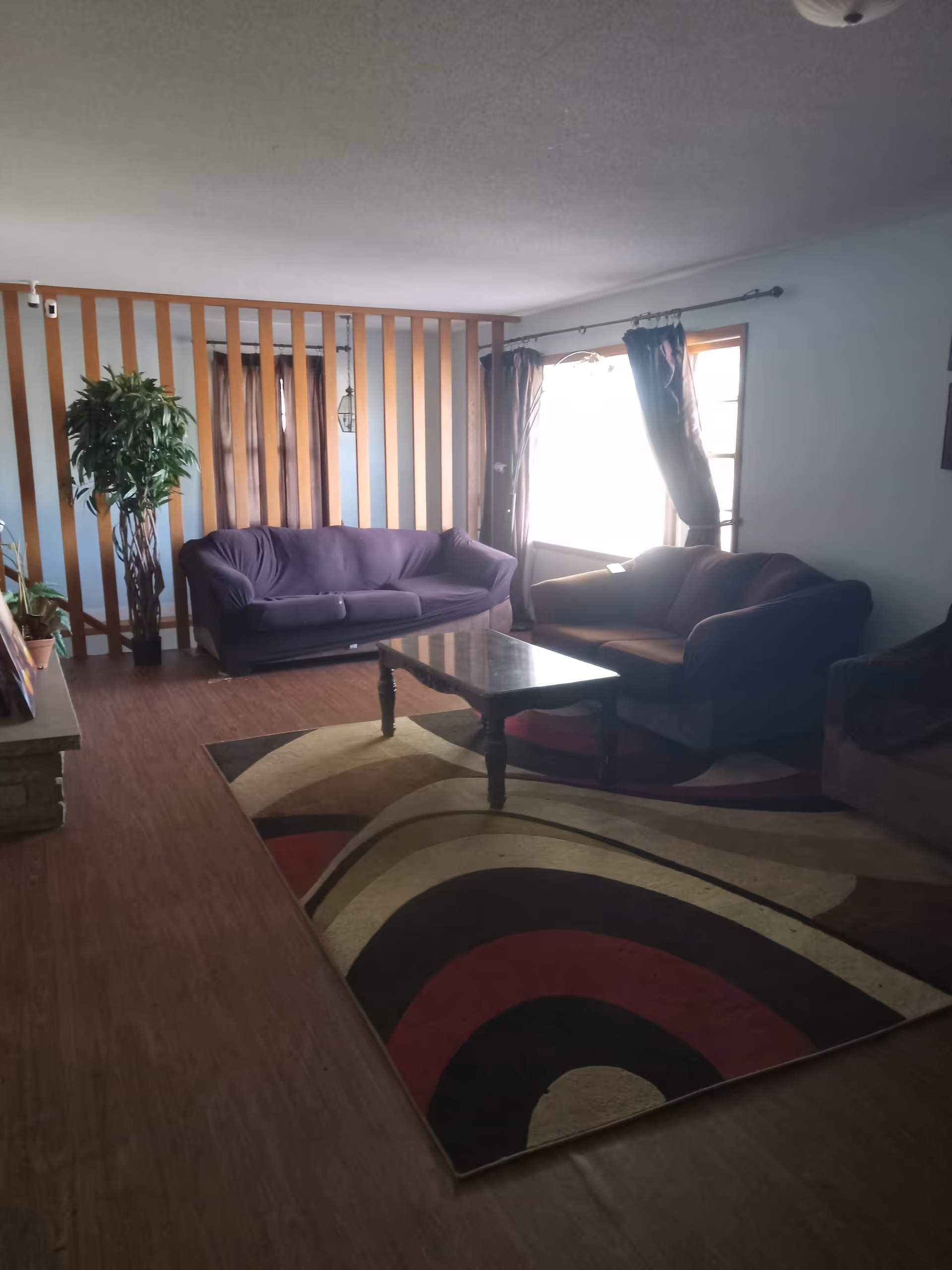 Living room with two couches, a coffee table, rug, and wooden divider.