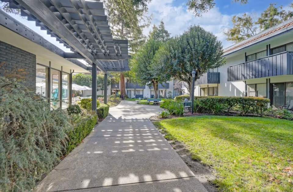 Sunny outdoor courtyard with a walkway between two residential buildings, surrounded by trees and shrubs.
