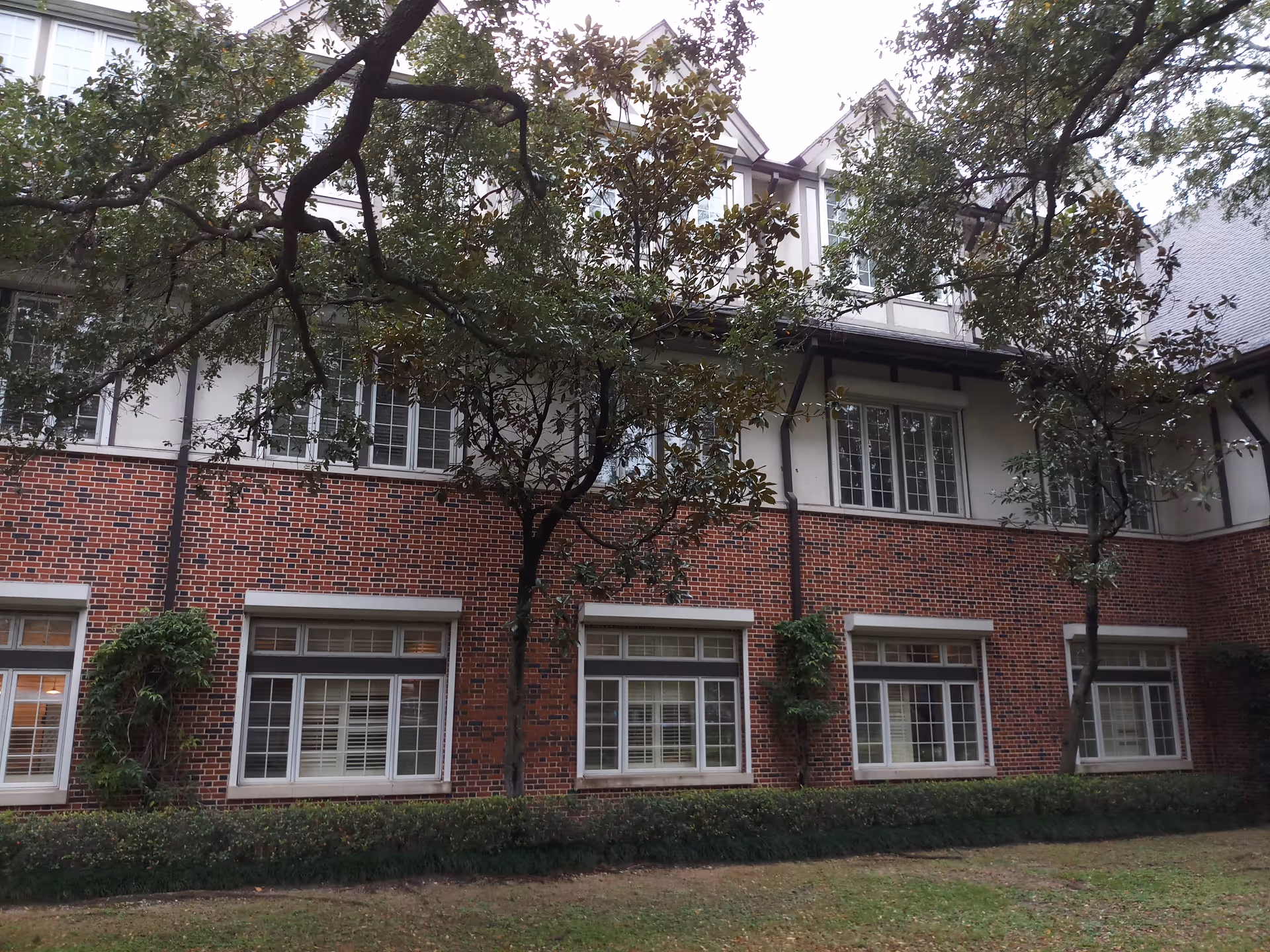 Exterior view of a brick Houston Hospice building with large windows and trees in front.