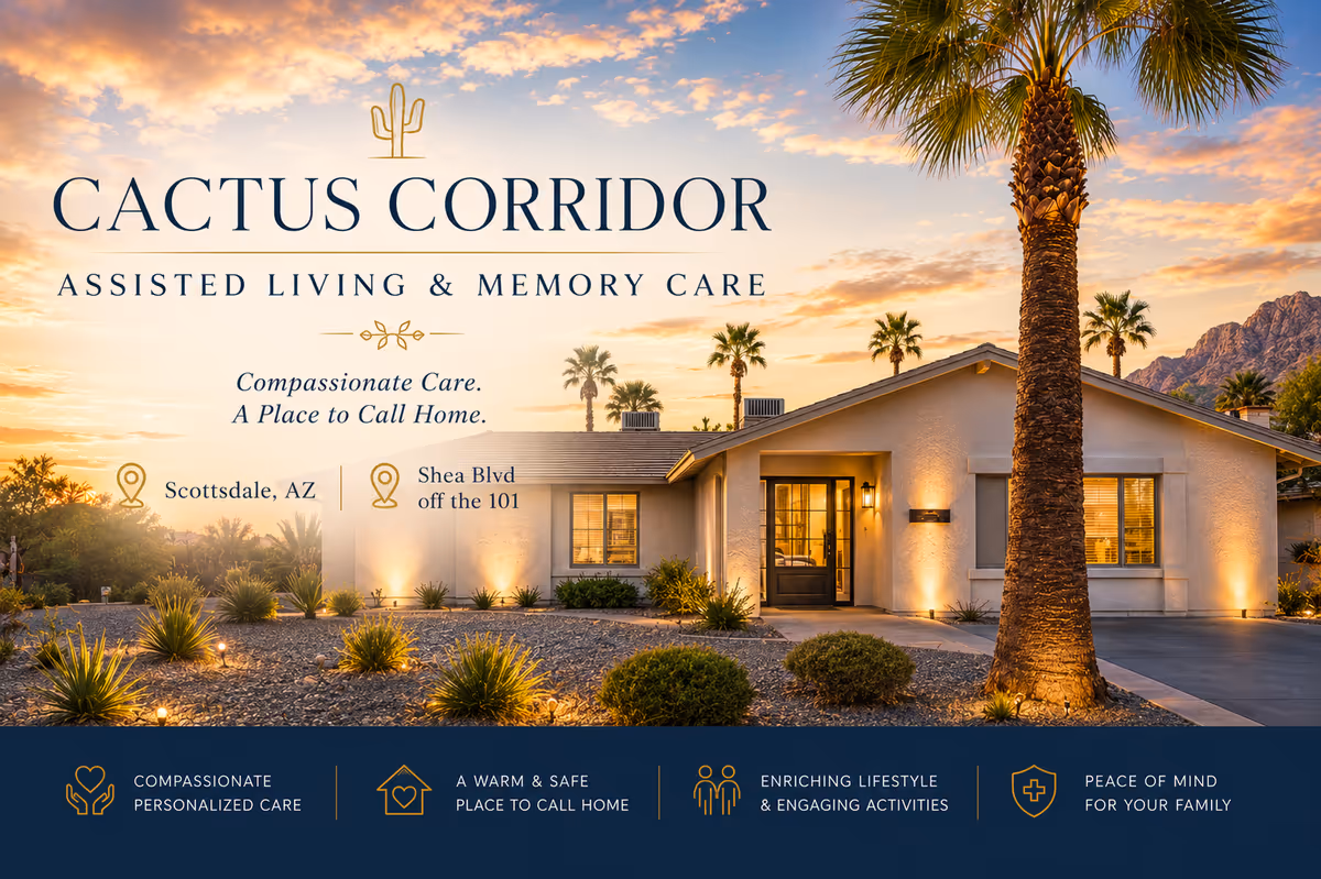Cactus Corridor Assisted Living building exterior with palm trees and sunset sky.