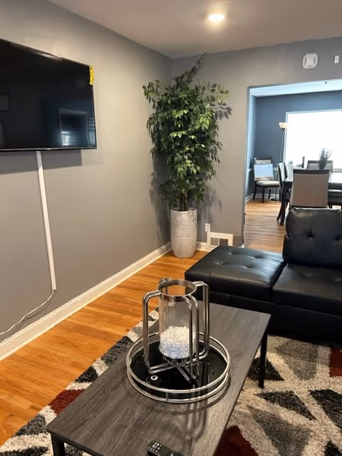 Modern living room in Stewart Manor with sofa, TV, plant, and coffee table.