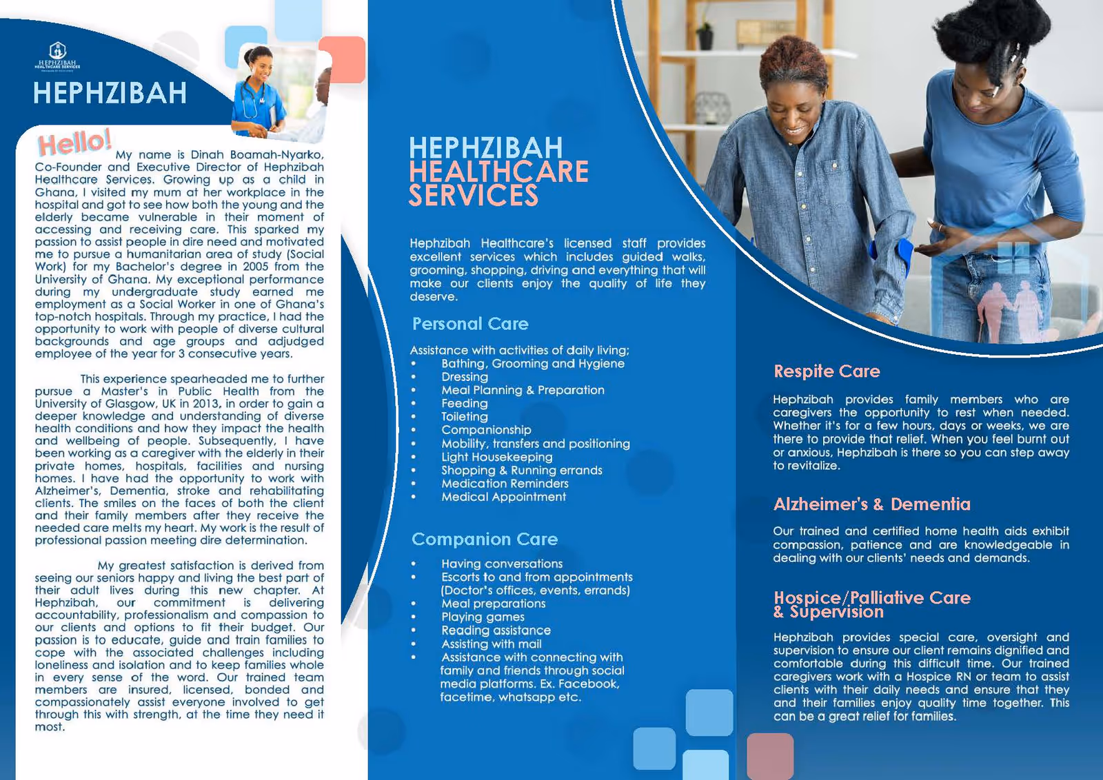 Three-panel brochure for Hephzibah Healthcare Services featuring staff photos and service text.