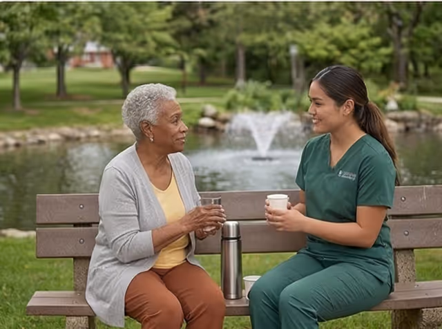 Elderly resident and caregiver chat on a park bench beside a pond with a fountain.