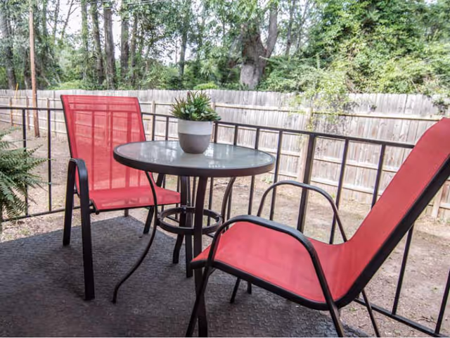 Outdoor patio area with two red mesh chairs and a round glass-top table with a small potted plant on it, surrounded by a metal railing and a wooden fence with trees in the background.