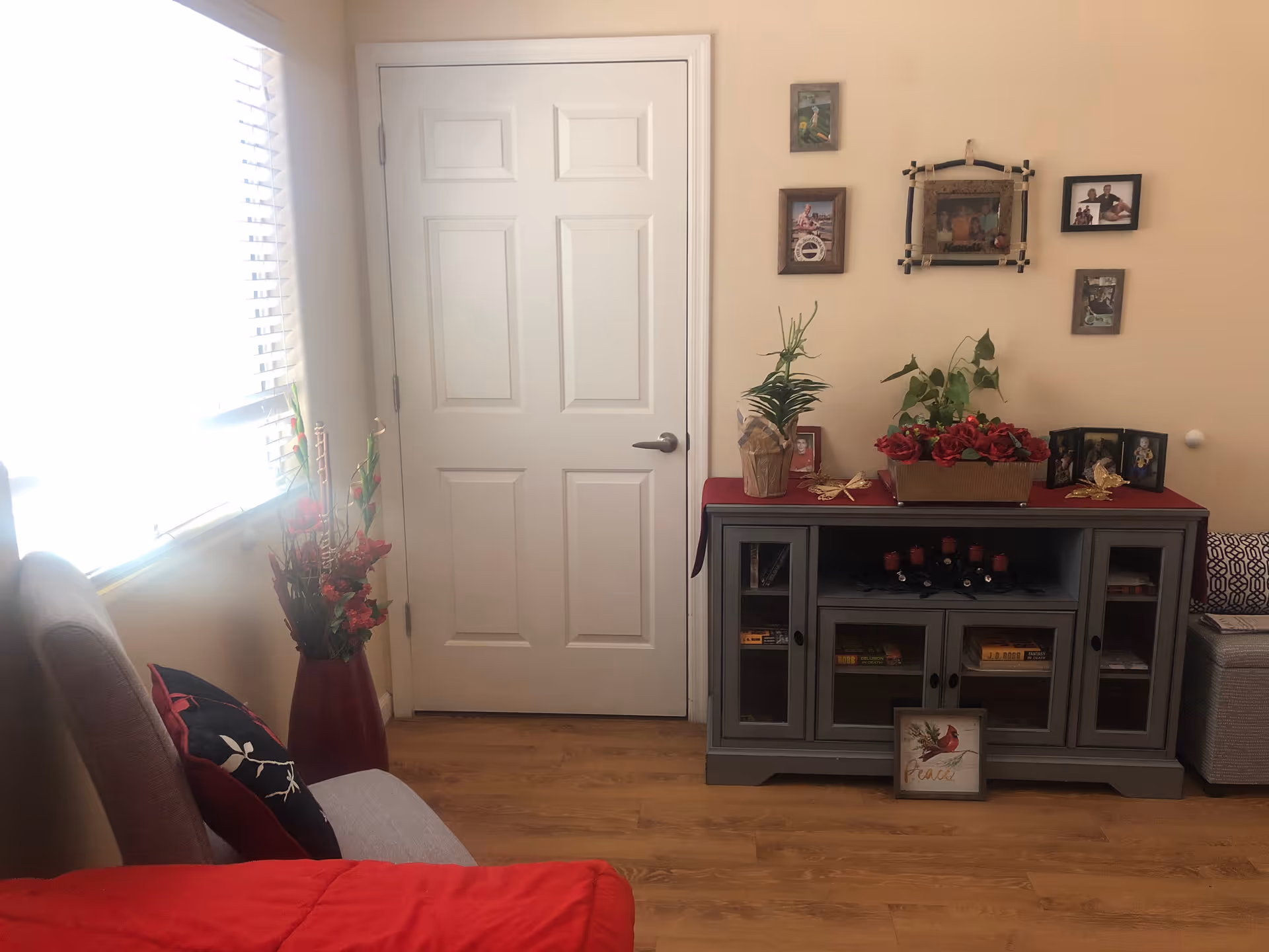 Cozy living room corner with cabinet, plants, photos, and a closed door.