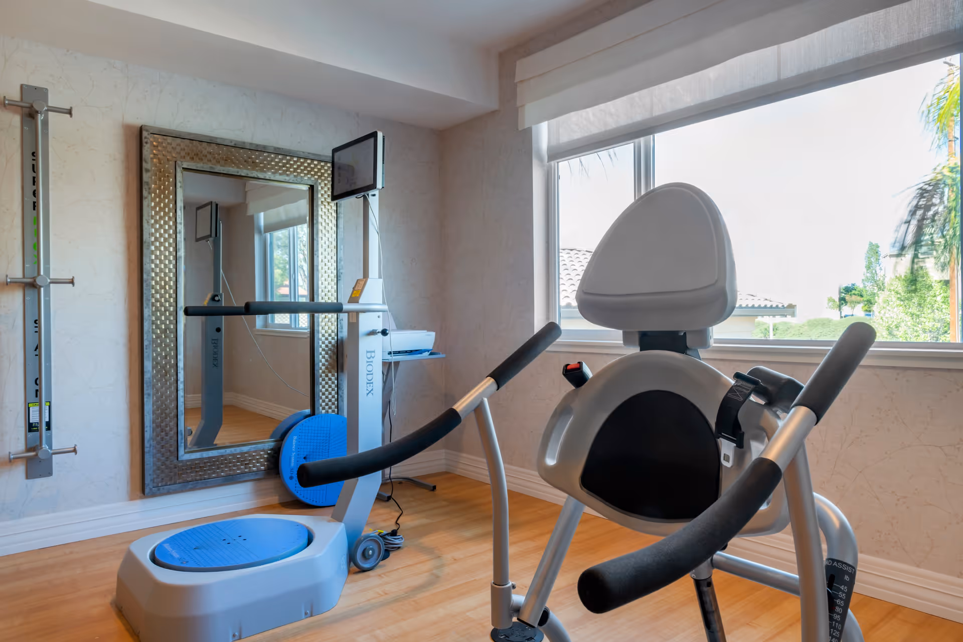 A small exercise room with a Biodex fitness machine positioned near a large window. The room has light-colored walls, a wooden floor, a large decorative mirror on one wall, and a mounted height measurement tool.