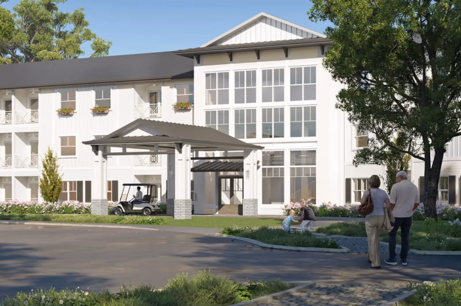 Exterior view of a modern senior living facility named Wildcat Senior Living, featuring a white multi-story building with large windows, a covered entrance with a golf cart parked underneath, landscaped greenery, and two elderly people walking on a pathway while two children play nearby.