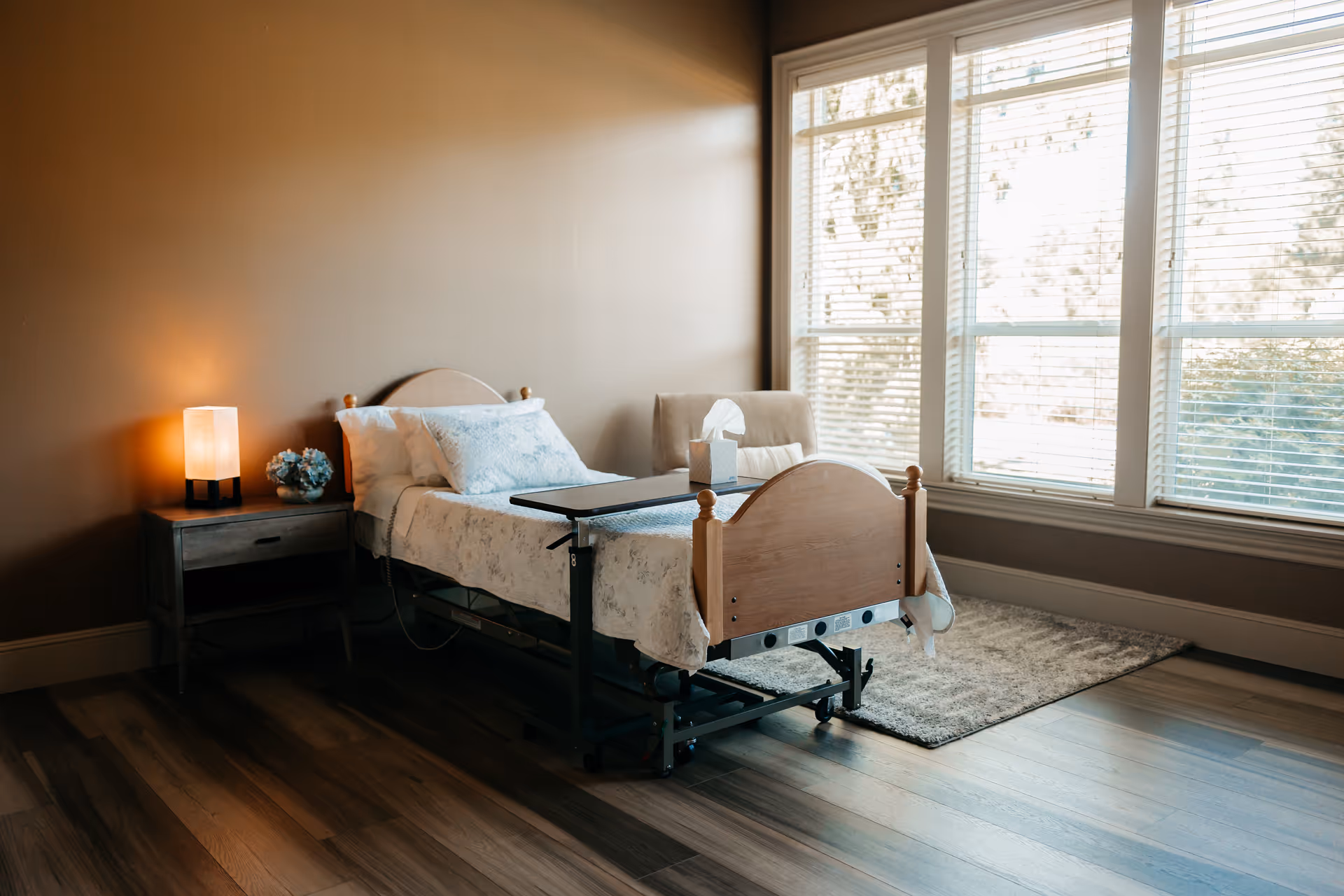 Hospital-style bed in a warmly lit bedroom with window, nightstand, and rug.