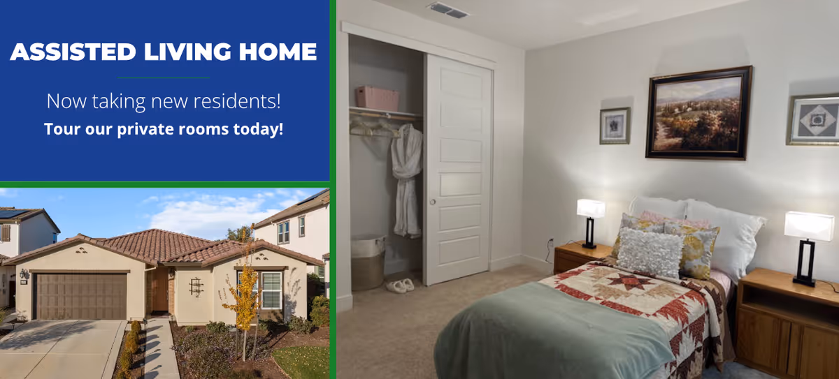 Collage showing an exterior home facade and a furnished bedroom in an assisted living facility.
