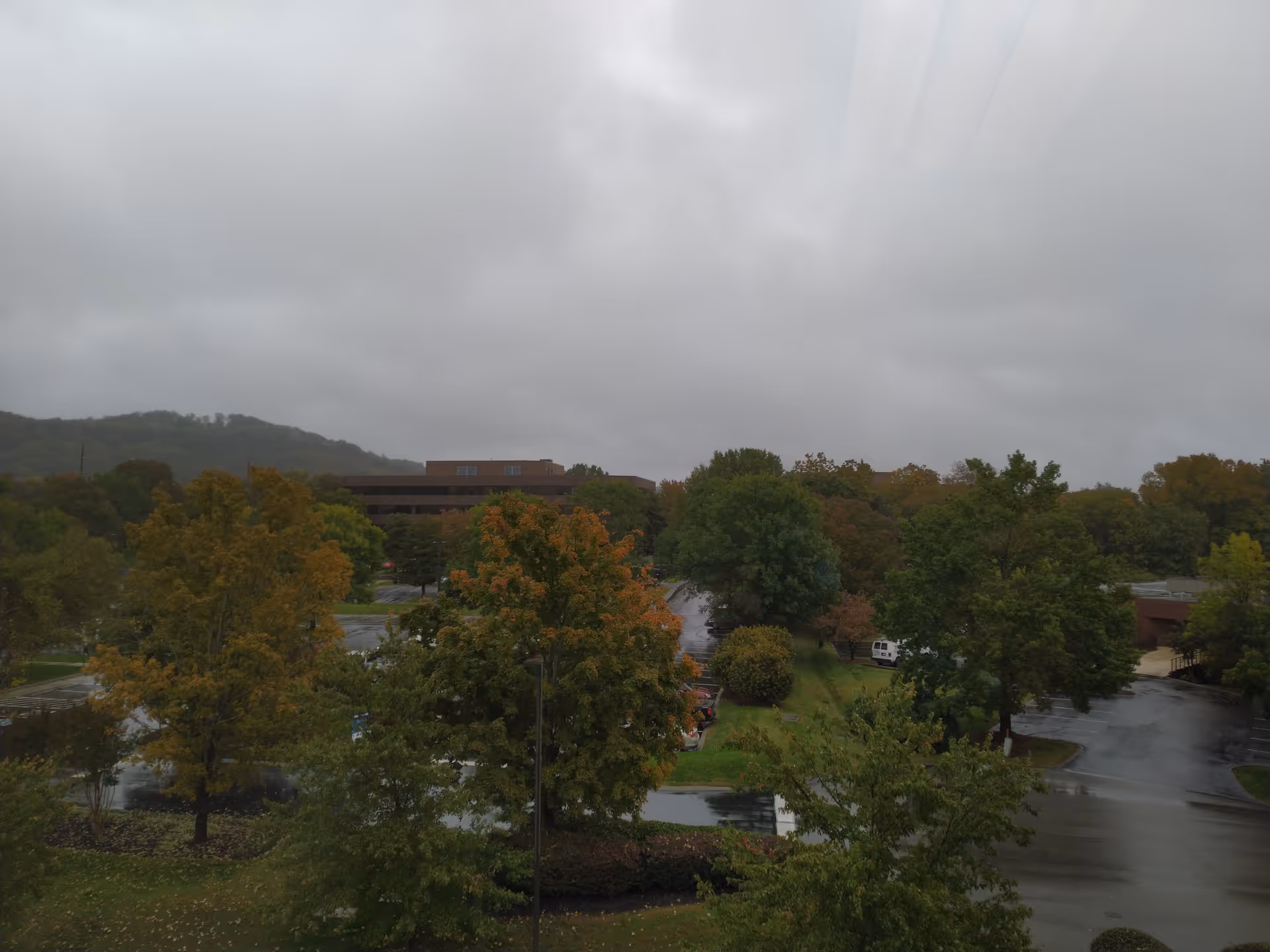 Overcast exterior view of a senior living campus with trees and a distant building.