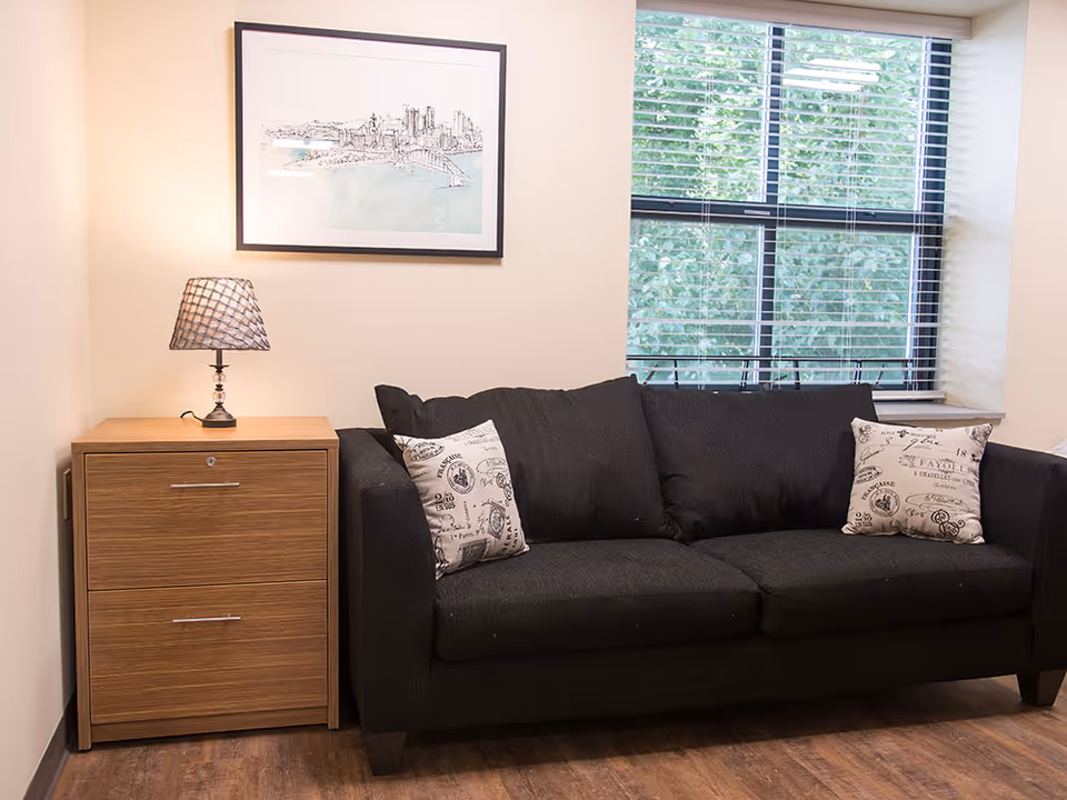 Dark sofa with cushions beside a wooden cabinet, lamp, framed art, and window blinds.