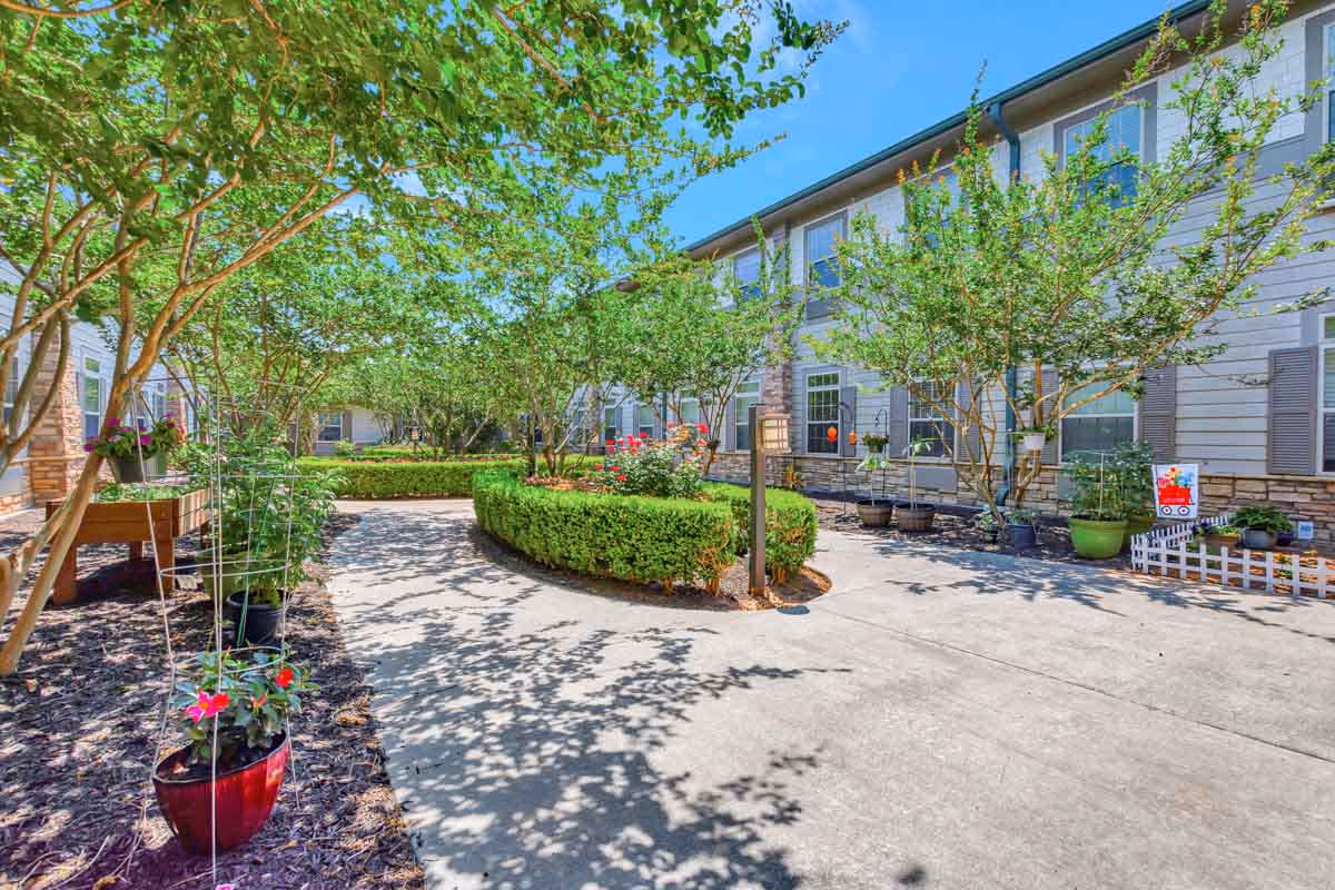 A sunny outdoor courtyard area at The Avenues of Fort Bend featuring a paved walkway bordered by neatly trimmed hedges and small trees. Potted plants and flowers are arranged along the sides, with a two-story building with multiple windows in the background under a clear blue sky.