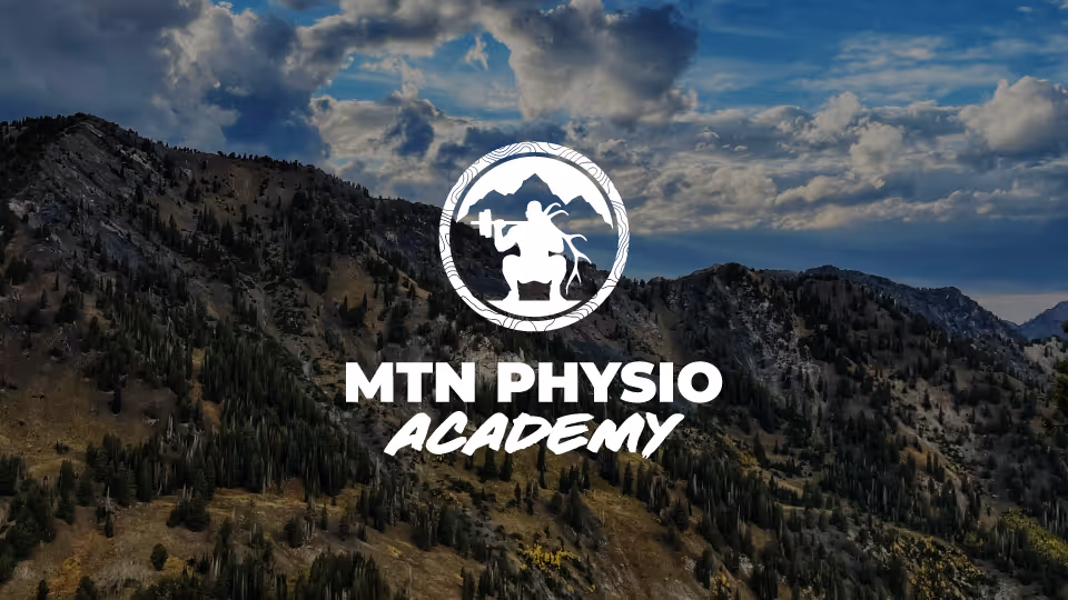 Mountain landscape with the MTN PHYSIO Academy logo prominently centered.
