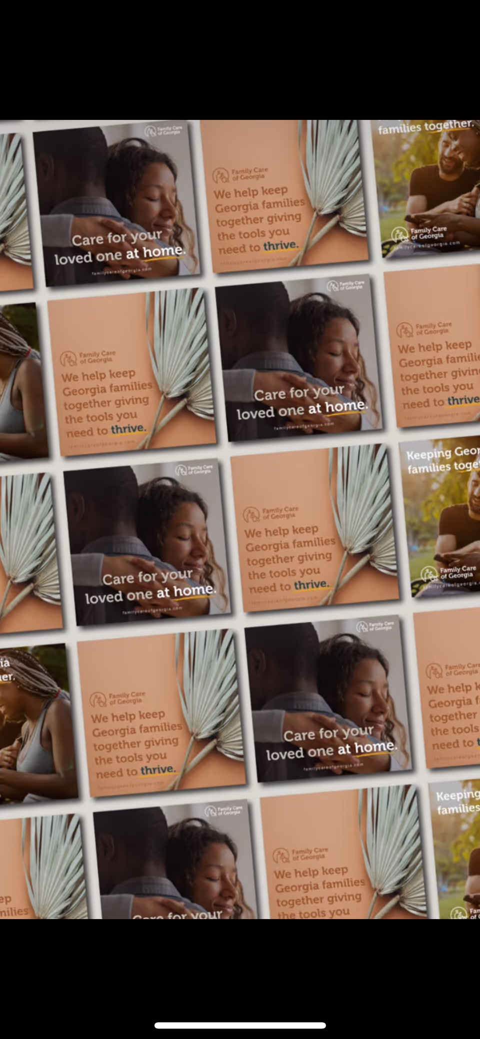 Interior wall covered with multiple Family Care of Georgia posters and images.