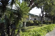 Exterior view of Riviera Healthcare Center with lush landscaping and trees in the foreground.