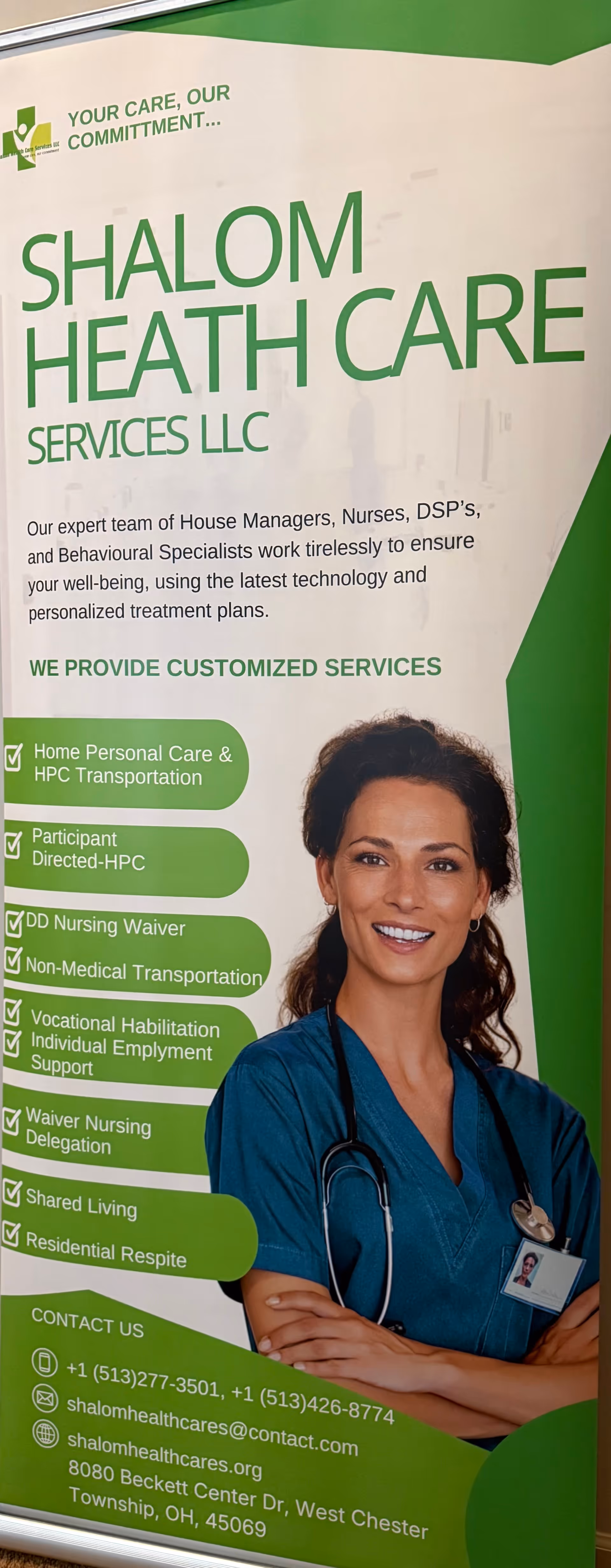 Large green promotional banner for Shalom Health Care Services featuring a nurse and service list.