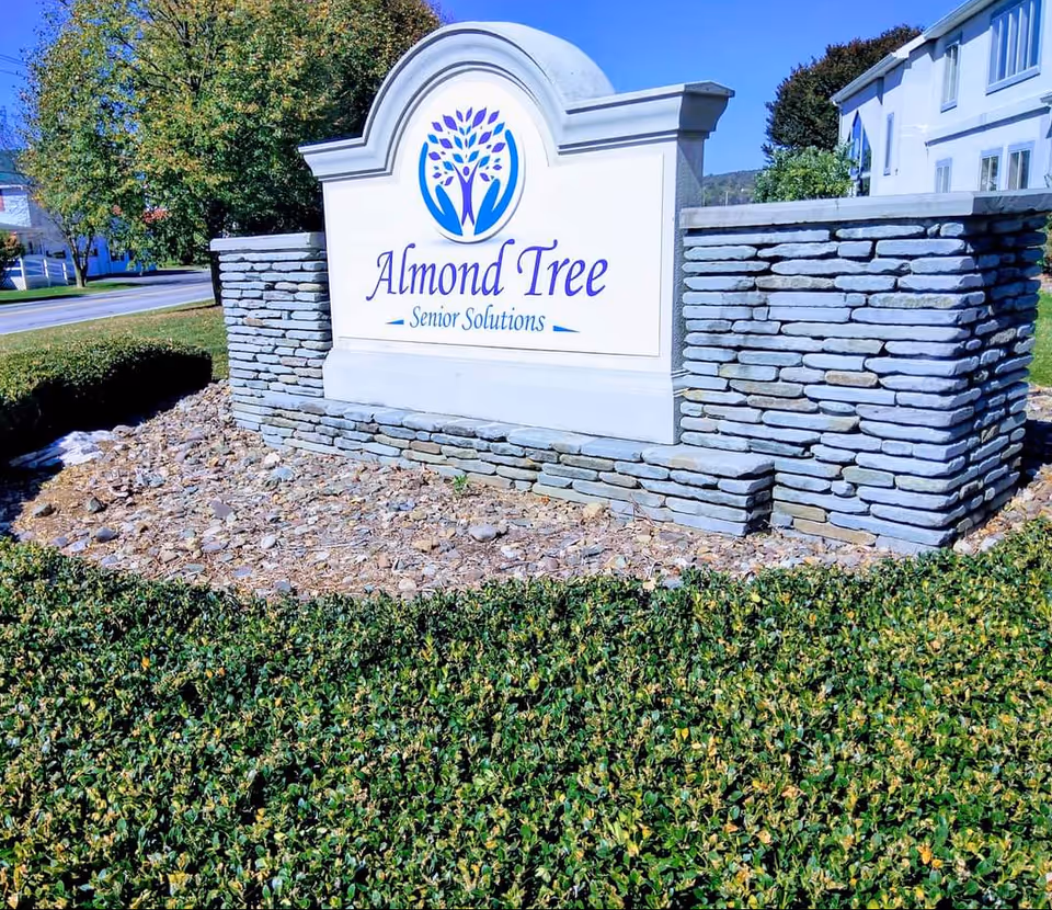 Stone sign reading Almond Tree Senior Solutions at a landscaped building front.