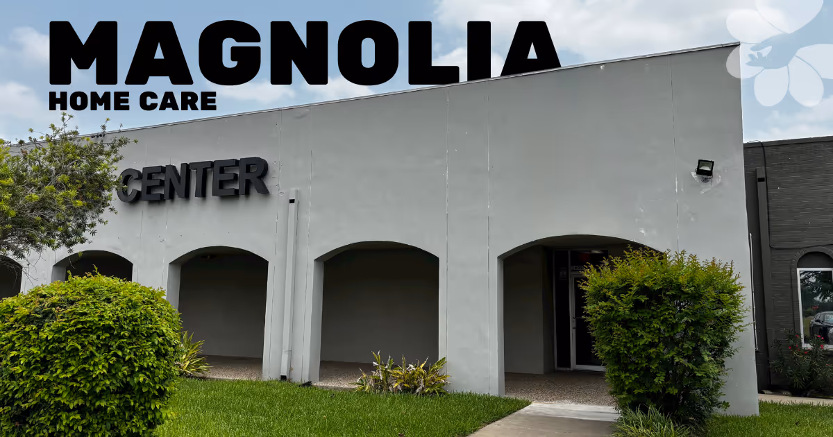 Exterior view of Magnolia Home Care facility entrance with arched walkways.