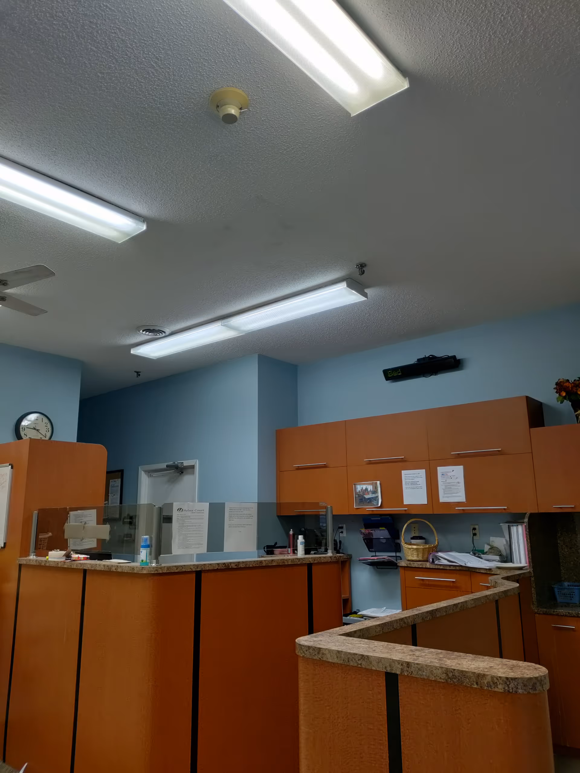 Indoor reception area with wooden counters, glass dividers, and blue walls.