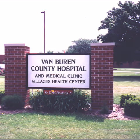 Brick sign reads Van Buren County Hospital and Medical Clinic at front.