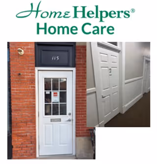 Exterior brick entry with white door and adjacent interior hallway with white doors.