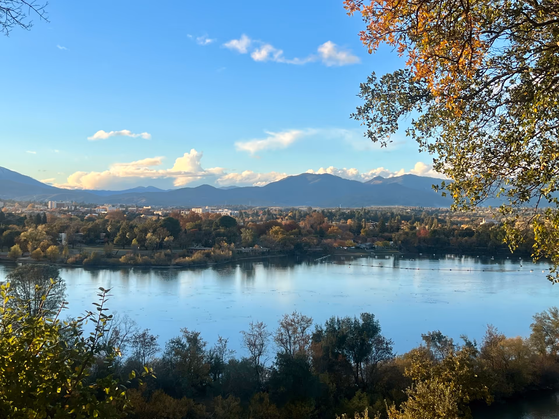 Serene river view with trees, calm water, and distant mountains under a clear blue sky.