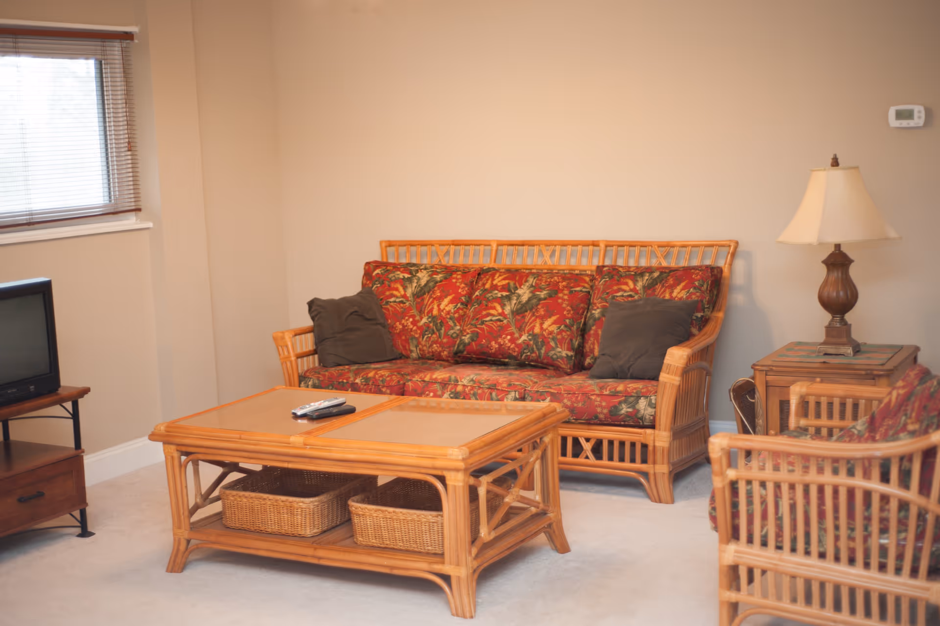 A cozy living room with a rattan sofa and chair featuring red floral cushions, a wooden coffee table with two wicker baskets underneath, a side table with a lamp, and a small TV on a stand near a window with blinds.