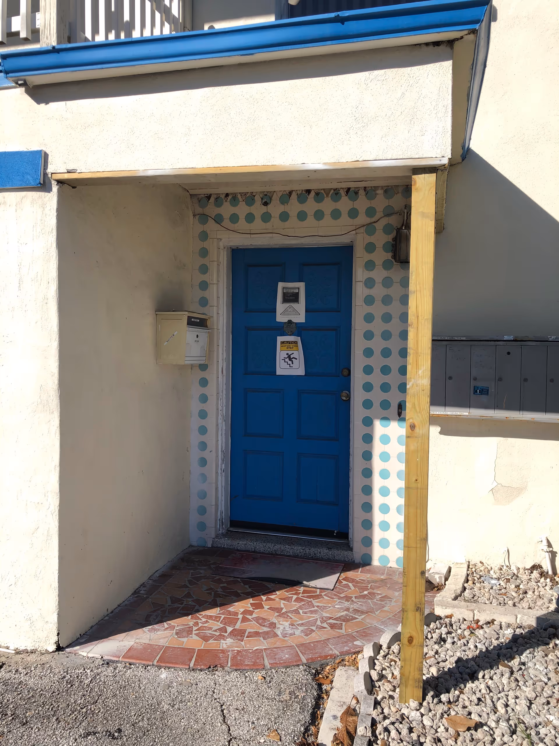 Blue door framed by polka-dotted exterior wall at a building entrance.