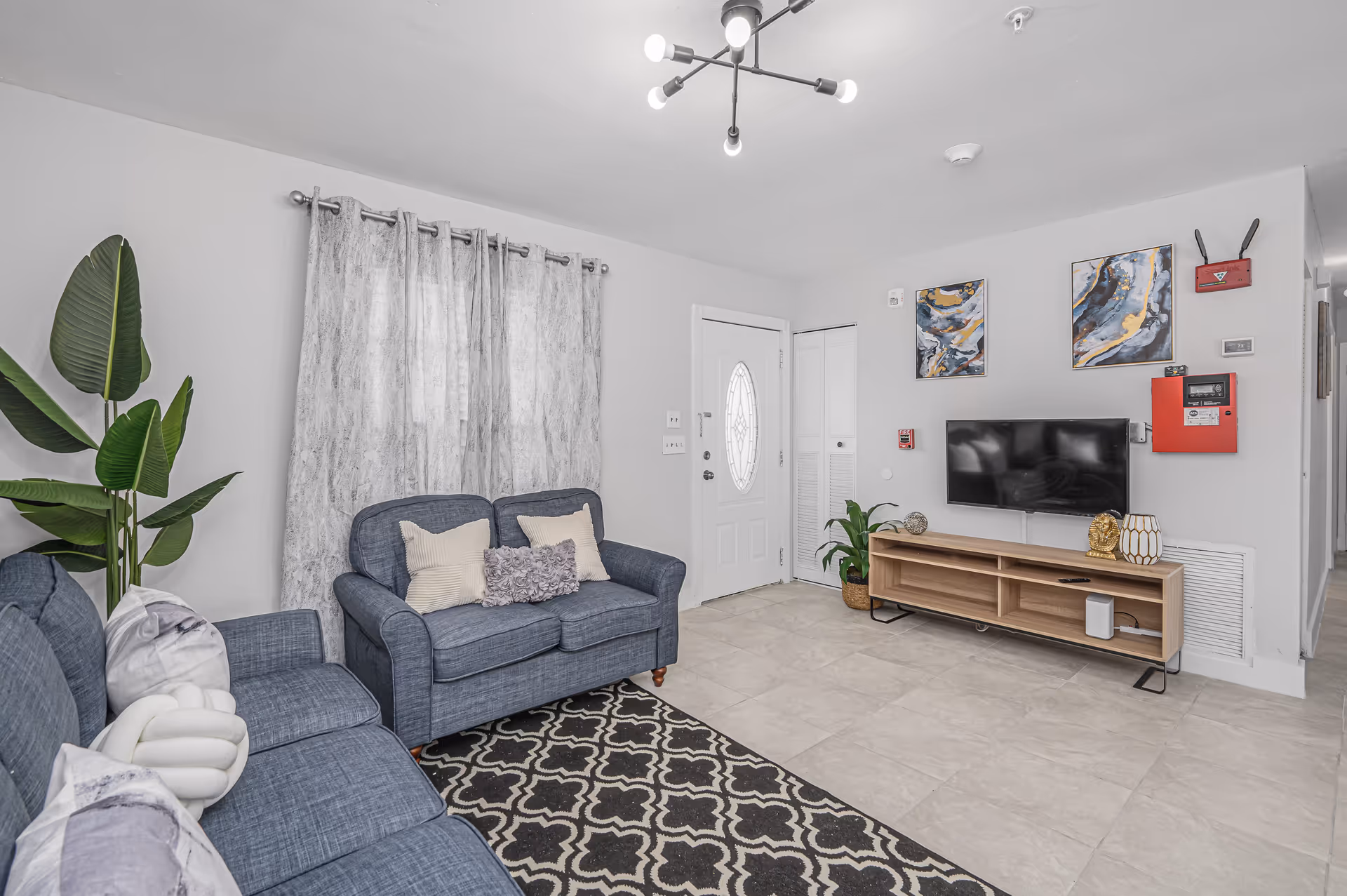 Bright living room with gray furniture, TV, plants, and a patterned rug.