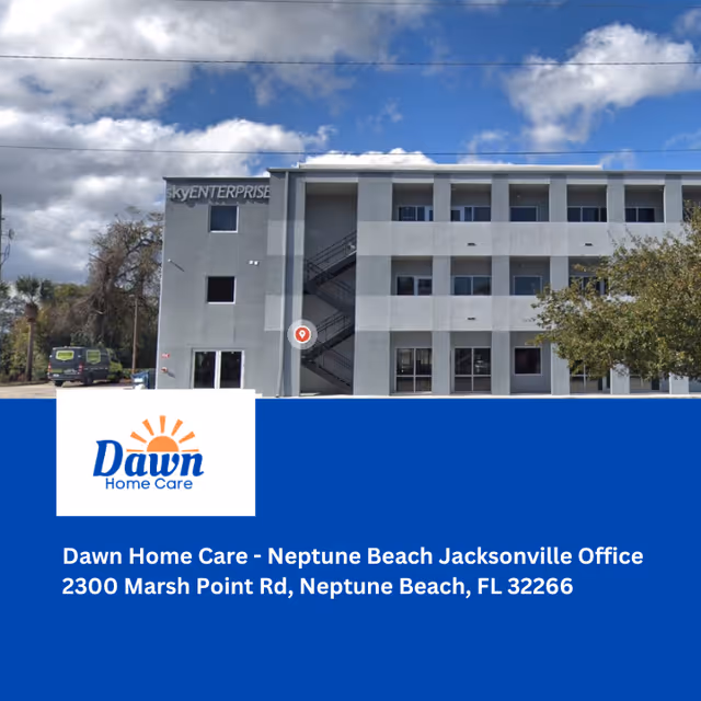 Three-story gray building exterior with an external staircase and windows; Dawn Home Care banner foreground.