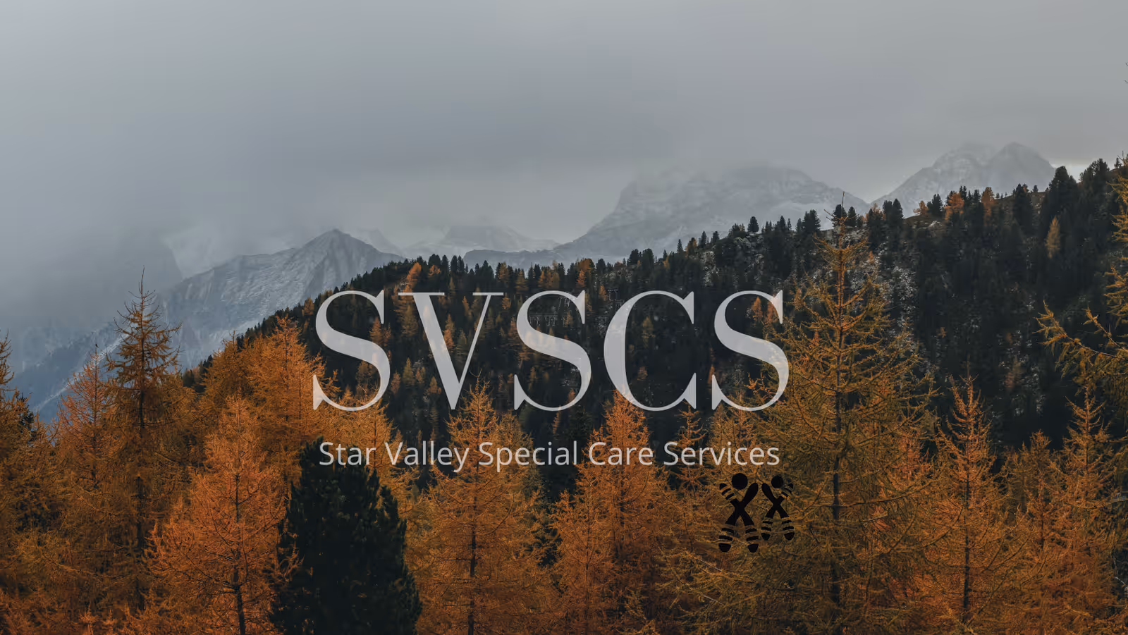 Mountain forest landscape with a large SVSCS logo and Star Valley Special Care Services text.