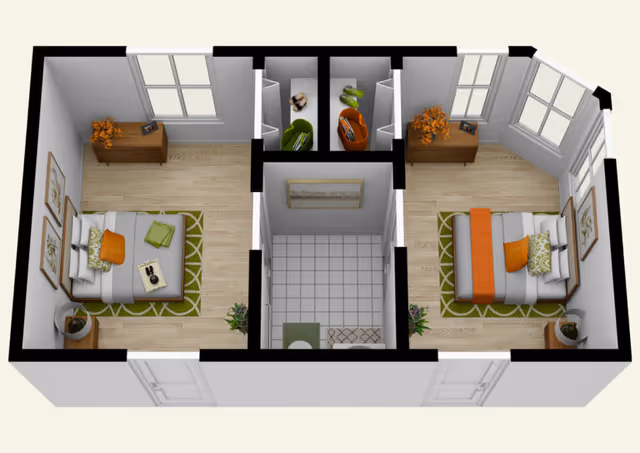 A 3D floor plan showing two bedrooms, central bathroom, and closets in a senior living unit.