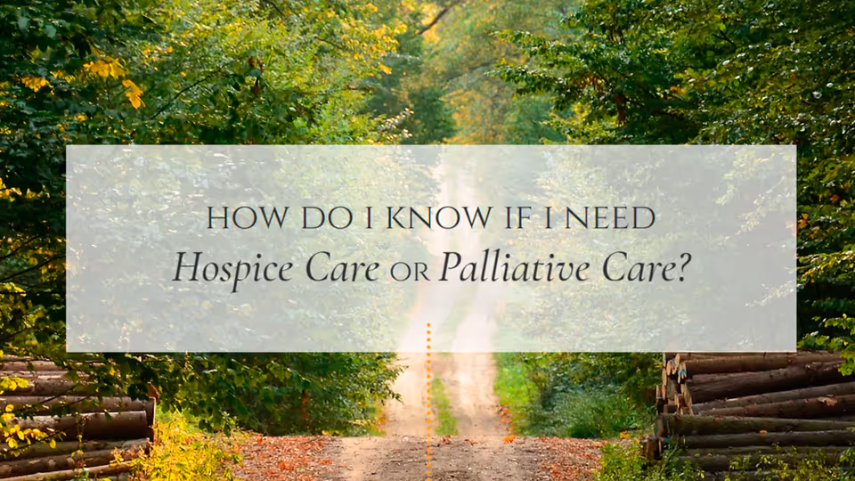 Outdoor forest path with a translucent banner about hospice or palliative care.