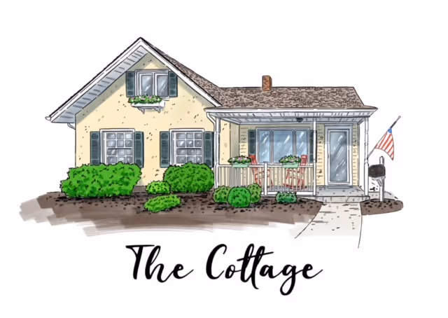 Illustrated front view of a cottage with shrubs, porch, and an American flag.