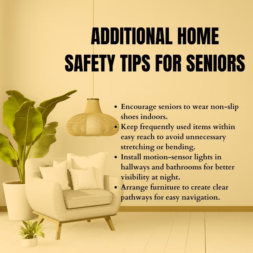 A cozy living room corner features a large poster on safety tips for seniors.