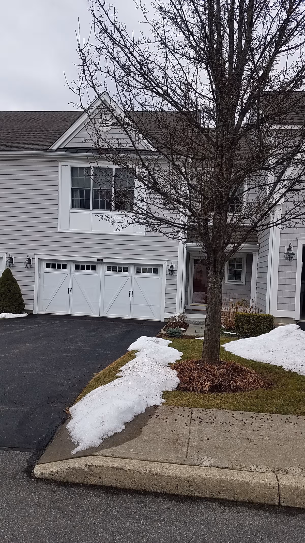 Front view of a grey townhome-style building with a two-car garage, tree, and snow.