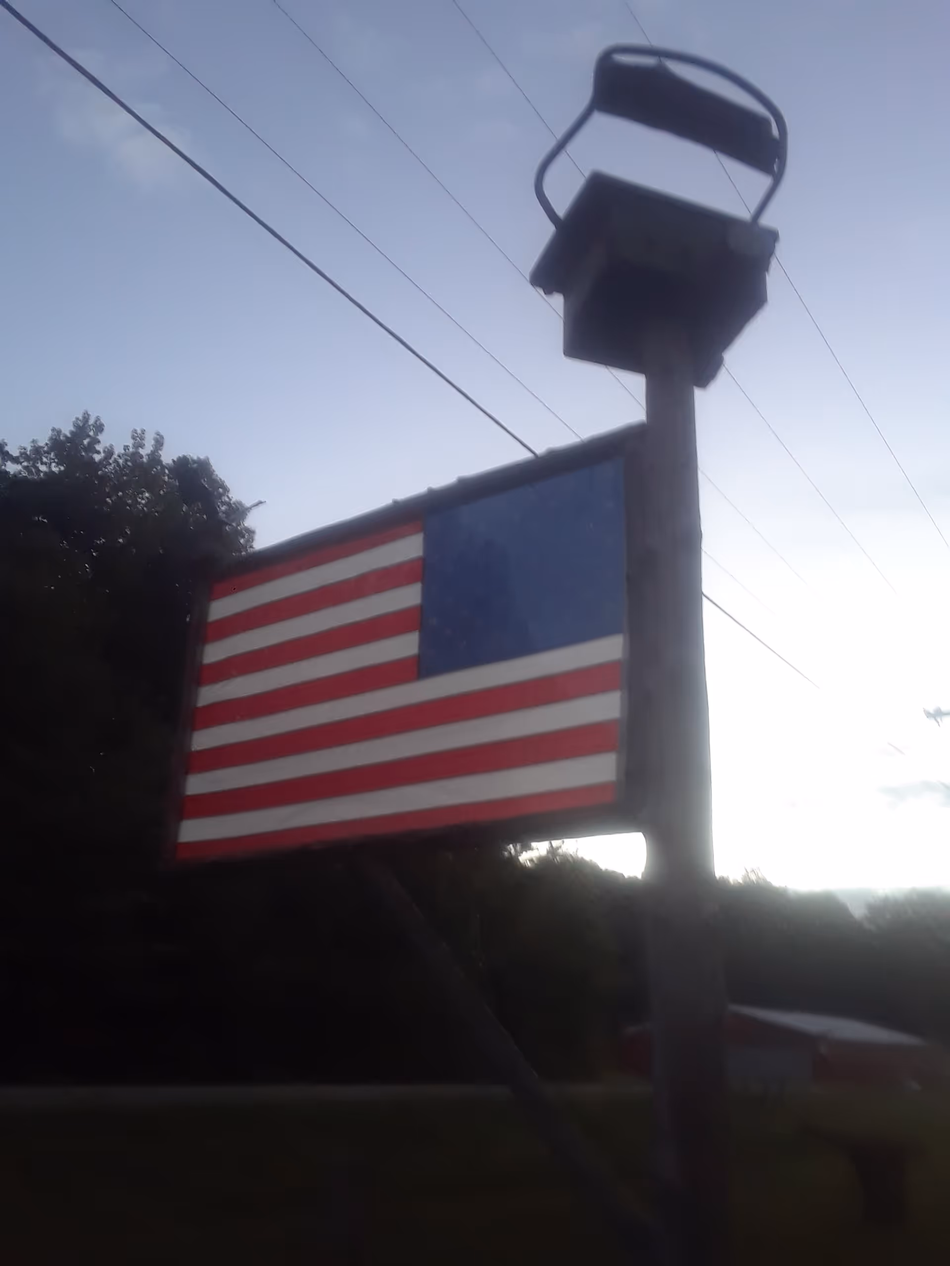Outdoor scene featuring an American flag sign mounted on a tall pole.