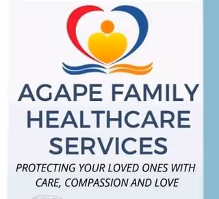 Sign featuring Agape Family Healthcare Services logo with heart emblem and blue border