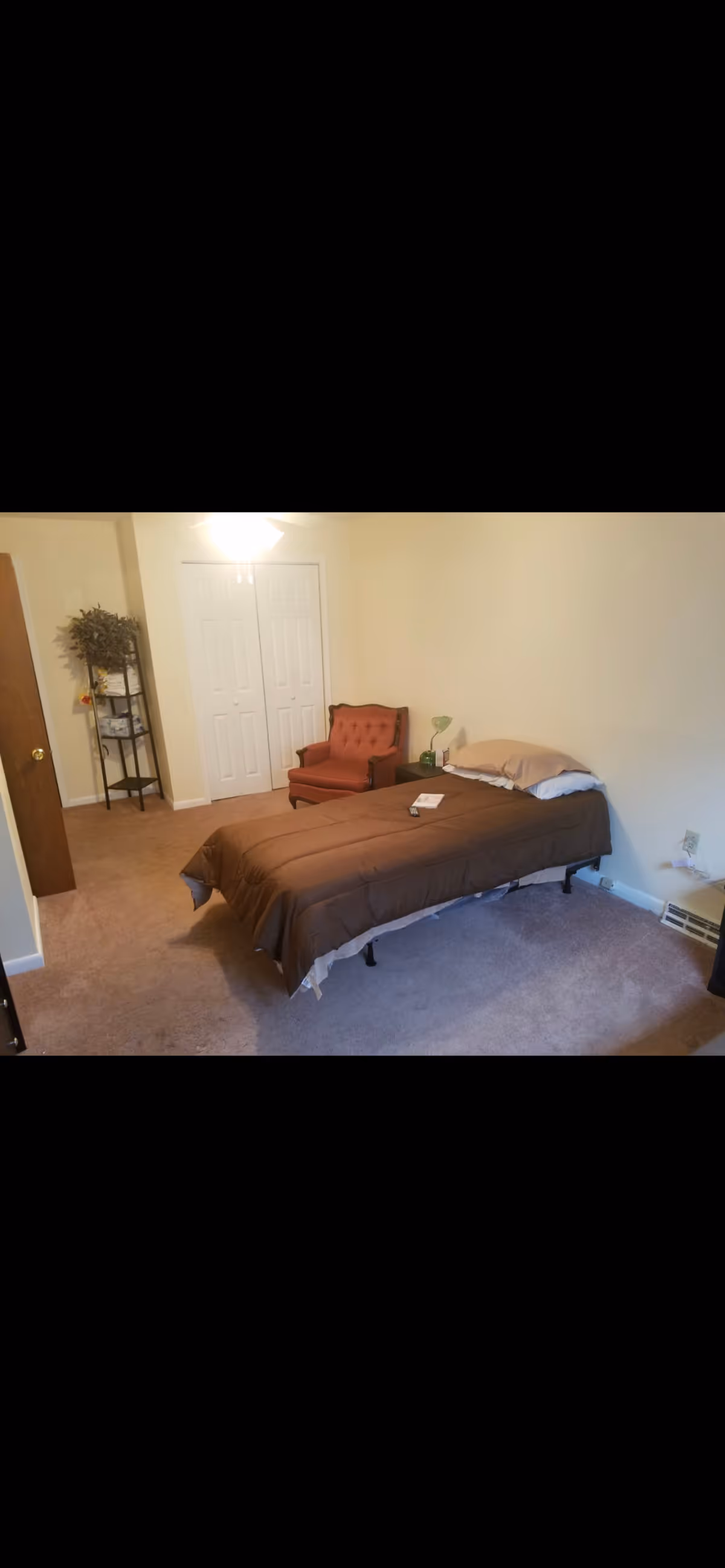 A simple bedroom with a single bed covered in a brown blanket and a pillow. Next to the bed is a small nightstand with a lamp and a remote control on the bed. There is a red upholstered armchair in the corner near a closed white closet door. A small shelving unit with a plant and some items is against the wall near the door. The room has beige walls and carpeted floor.