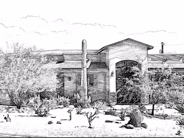 Front exterior of a single-story assisted living building with an arched entry, desert landscaping, and a tall saguaro cactus.