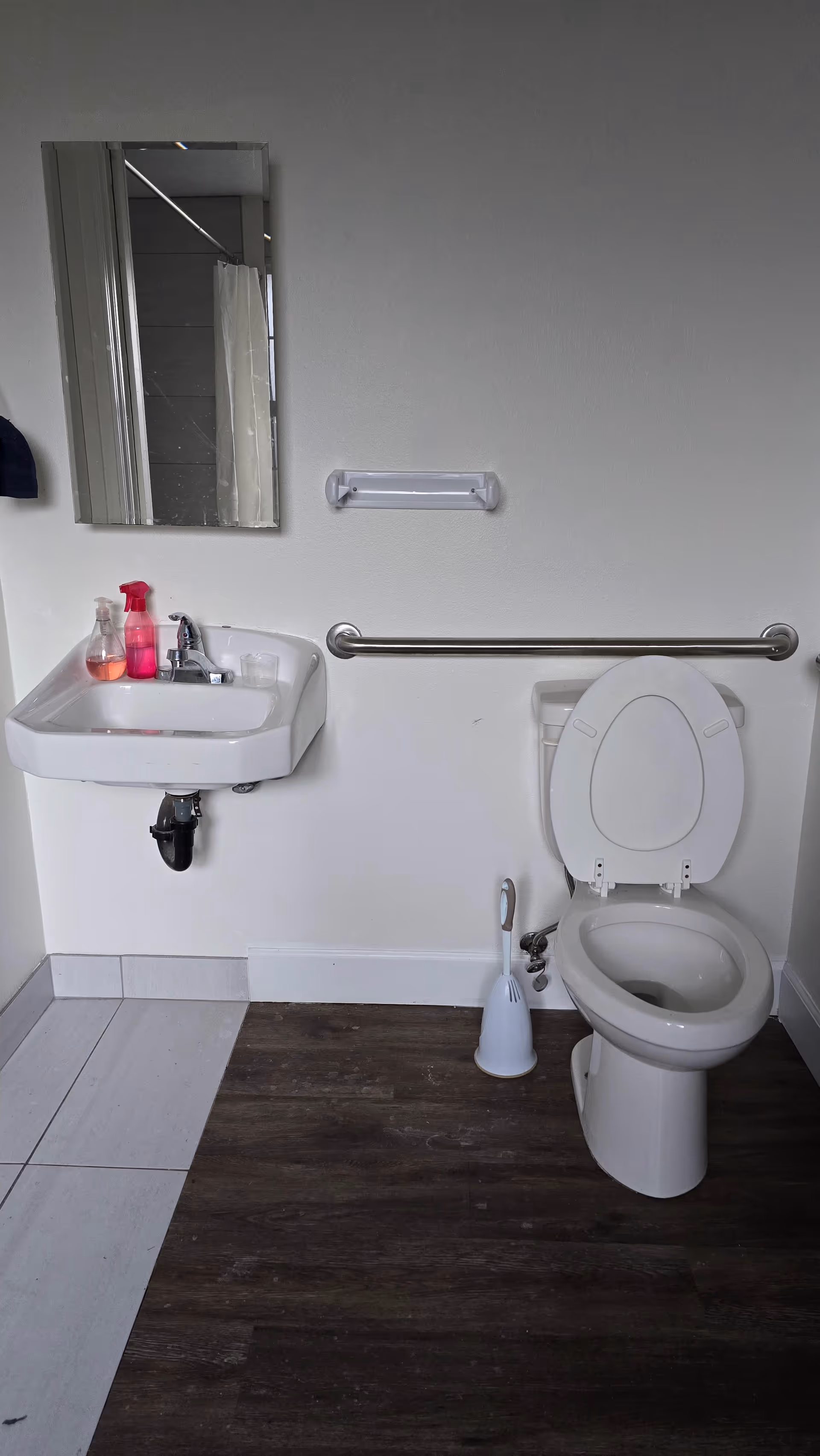 Wheelchair-accessible bathroom in Destiny Care Home with sink, mirror, grab bar, and toilet.