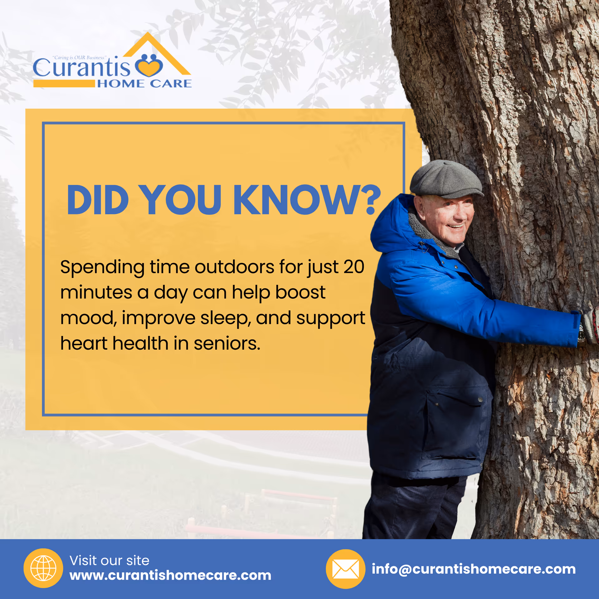 Outdoor promotional poster with a man by a tree and a large yellow information box.
