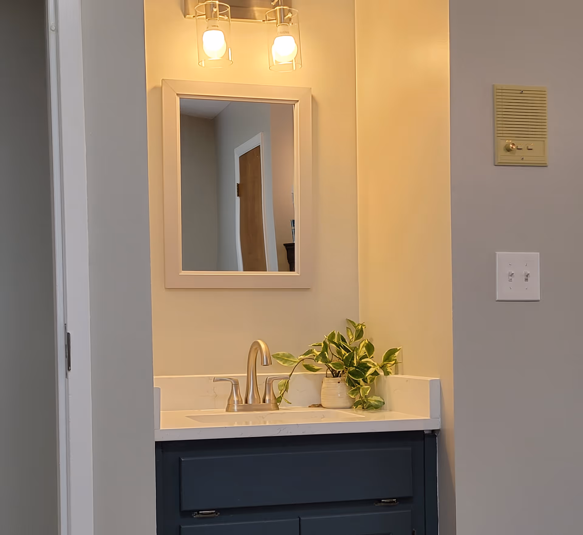 Bathroom vanity with sink, mirror, and plant under warm lights.