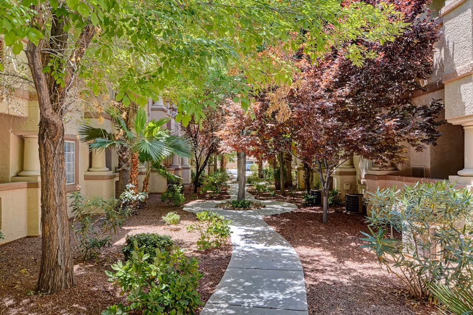A winding concrete pathway surrounded by various trees and shrubs, situated between two beige stucco buildings with windows and columns, creating a shaded outdoor garden area.