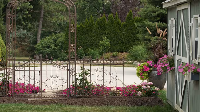 Decorative wrought-iron garden gate beside flowering beds and a building.