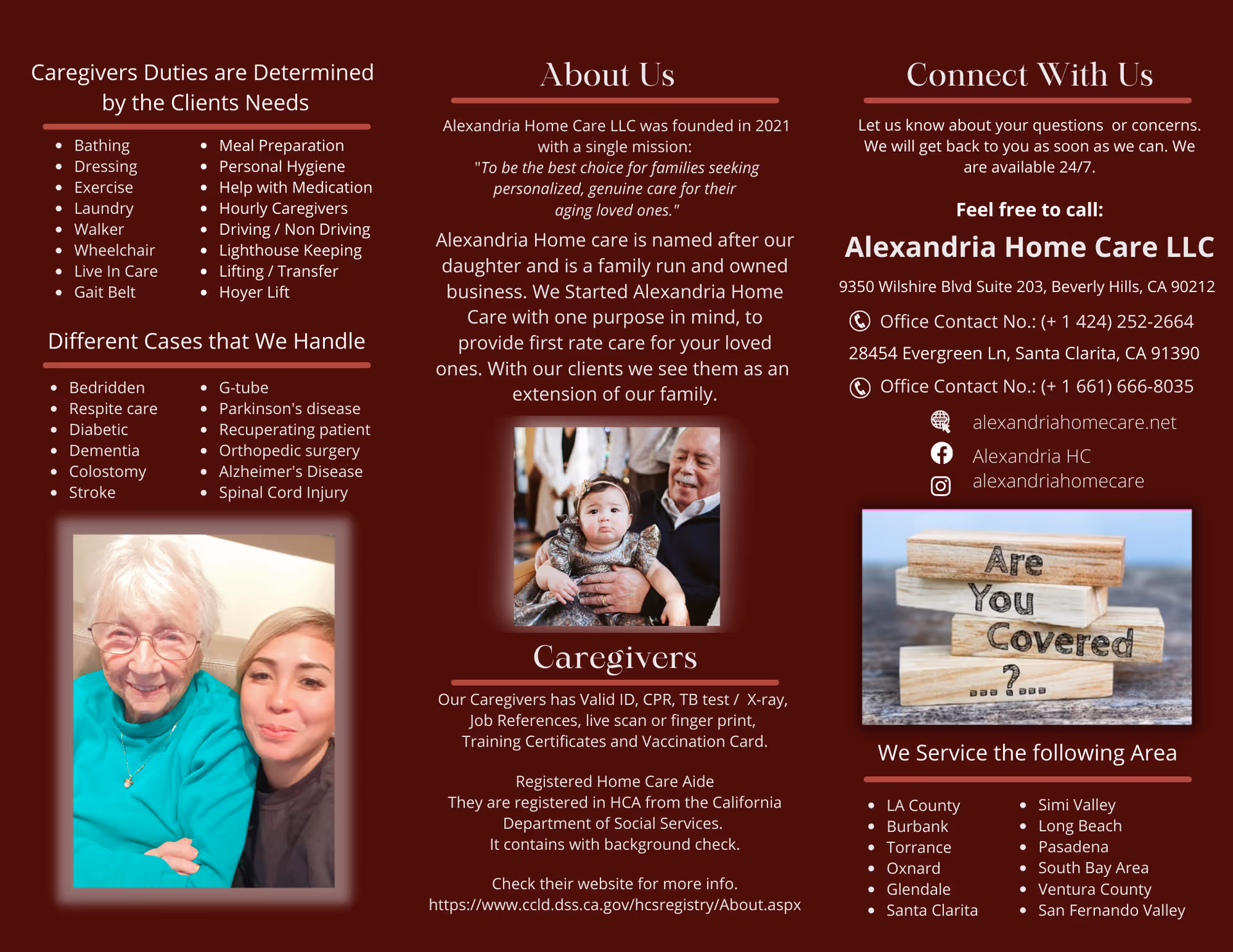 A red tri-fold brochure for Alexandria Home Care LLC with About Us text and photos.