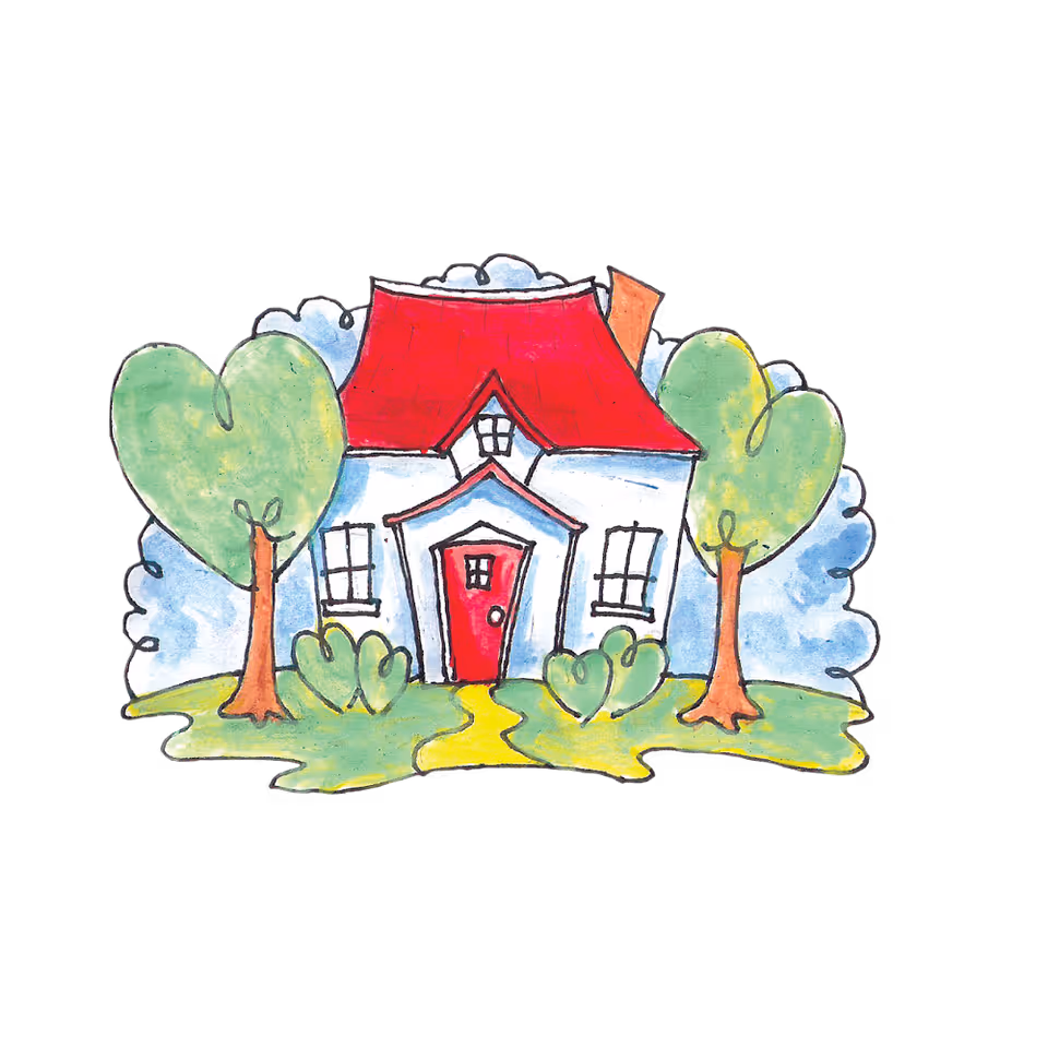 Colorful cartoon illustration of a house with red roof, trees, and a path.