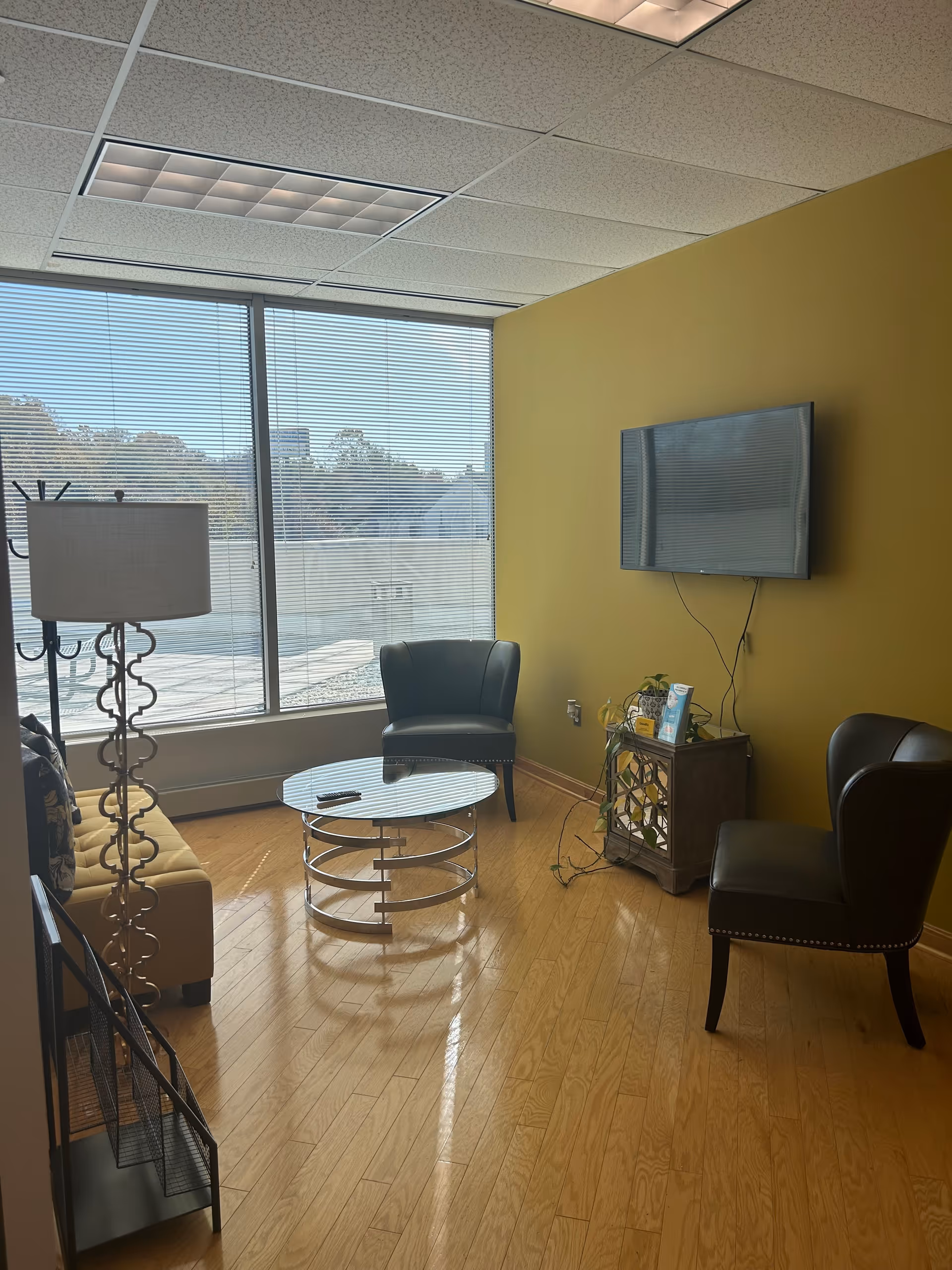 Lounge area with chairs, a coffee table, TV, and large window blinds.